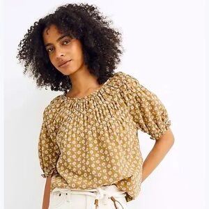 MADEWELL Daisy Embroidered Shirred Puff-Sleeve Smocked Top Size Small Mustard